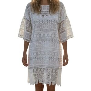 A366  Nancy Cottagecore Summer White  Silver Beaded Crochet Lace Dress NWT L